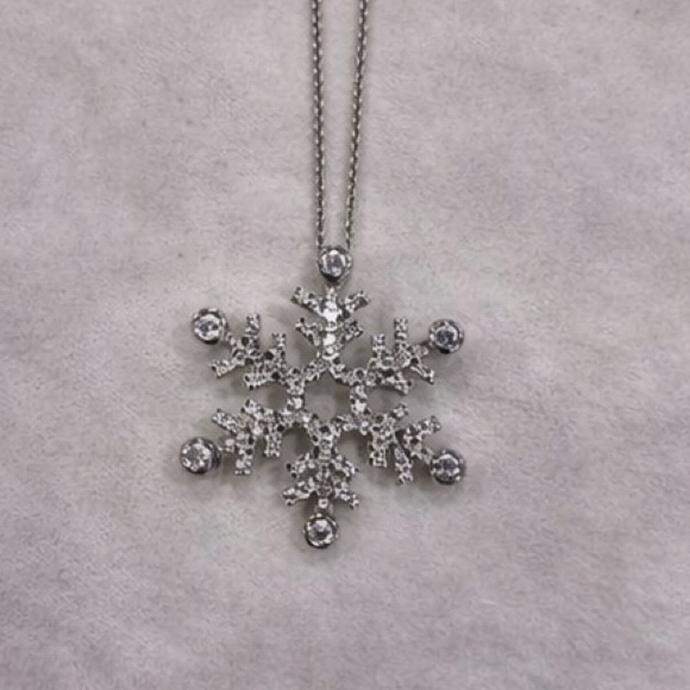 Silver Tone Snowflake Crystal Pendant Necklace